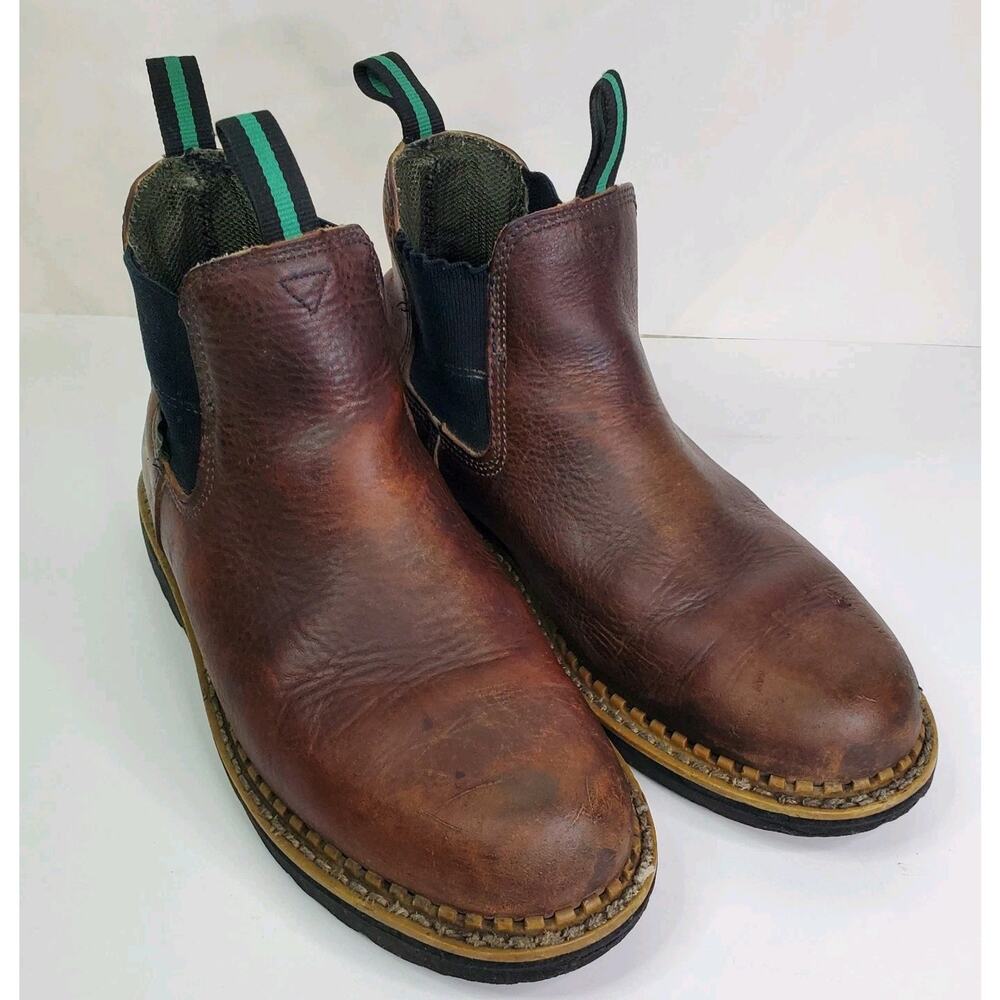 Brown Leather Chelsea Work Boots with Green Pull Tabs